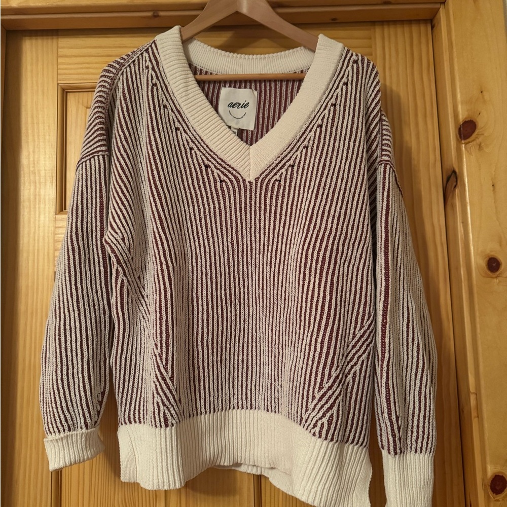 Aerie Women's Striped Sweater - Cream and Rust/Brown